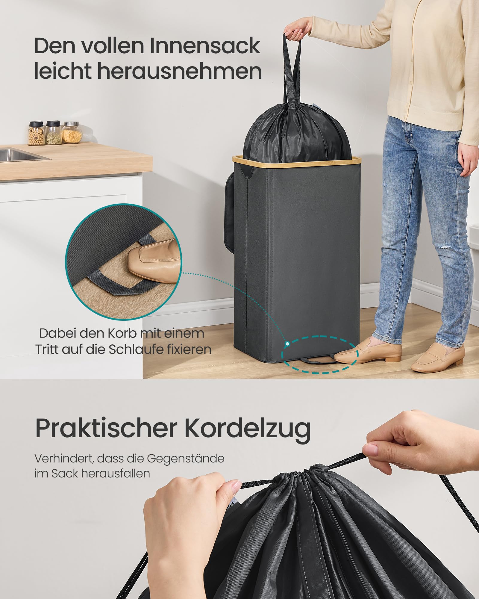 SONGMICS Pfandflaschen-Sammelbehälter, 95 L Pfandflaschen-Behälter, Flaschensammler Leergut, Recycling-Behälter, mit Loch, Deckel, Innensack mit Griffen, Küche, schiefergrau-naturbeige RRB509G01 4