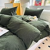 PinkMemory Green Striped Duvet Cover Queen 100% Washed Cotton Olive Green Stripes Duvet Cover Set Full 3pcs Pinstripe Pattern Bedding Set with Zipper Closure Corner Ties,Soft Breathable