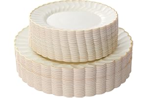 Lullaby 60PCS Ivory Scalloped Plastic Plates with Gold Rim, Disposable Elegant Plates Include 30pcs Dinner Plate 10.25", 30pcs Plastic Dessert Plate 7.5", Perfect for Wedding and Party