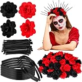 XunYee 224pcs Day of The Dead Headpiece, Dia De Los Muertos Rose Headband | Rose Flower Crown Headband for Cosplay Party, Black Rose DIY Headpiece Set, Halloween Headdress Mexican Outfit for Women