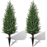 3FT Artificial Cedar Topiary Trees with Ground Spike, Set of 2 UV Resistant Fake Evergreen Bushes Shrubs Trees Artificial Plants Realistic Faux Cypress Plants for Indoor Outdoor Front Porch Garden
