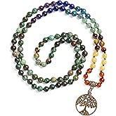 Bivei 7 Chakra 108 Mala Beads Bracelet Real Gemstone Yoga Meditation Hand Knotted Mala Prayer Bead Necklace