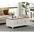 WAMPAT Modern Coffee Table with Storage Cabinet, White Coffee Tables for Living Room, Wood Rectangle Center Table with Drawer, Rustic Tea Table for Home, White
