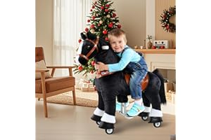 WondeRides Ride on Horse Pony Black Plush Riding Toys Pony Rider Size 3 for Kids Age 3-4, 30.1 inch Height Walking Animal Mechanical Rocking Horse with Wheels, No Battery Needed-Fun Ride & Great Gift