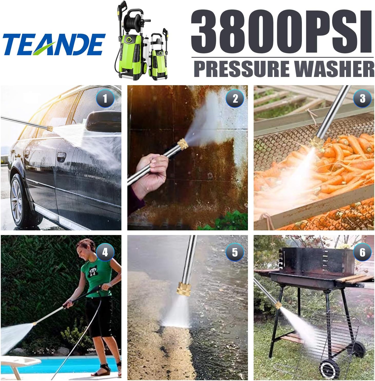 TEANDE 3800PSI Electric Pressure Washer, 2.8GPM High Pressure Power Washer 1800W Machine for Cars Fences Patios Garden Cleaning Hose Reel : Garden & Outdoor