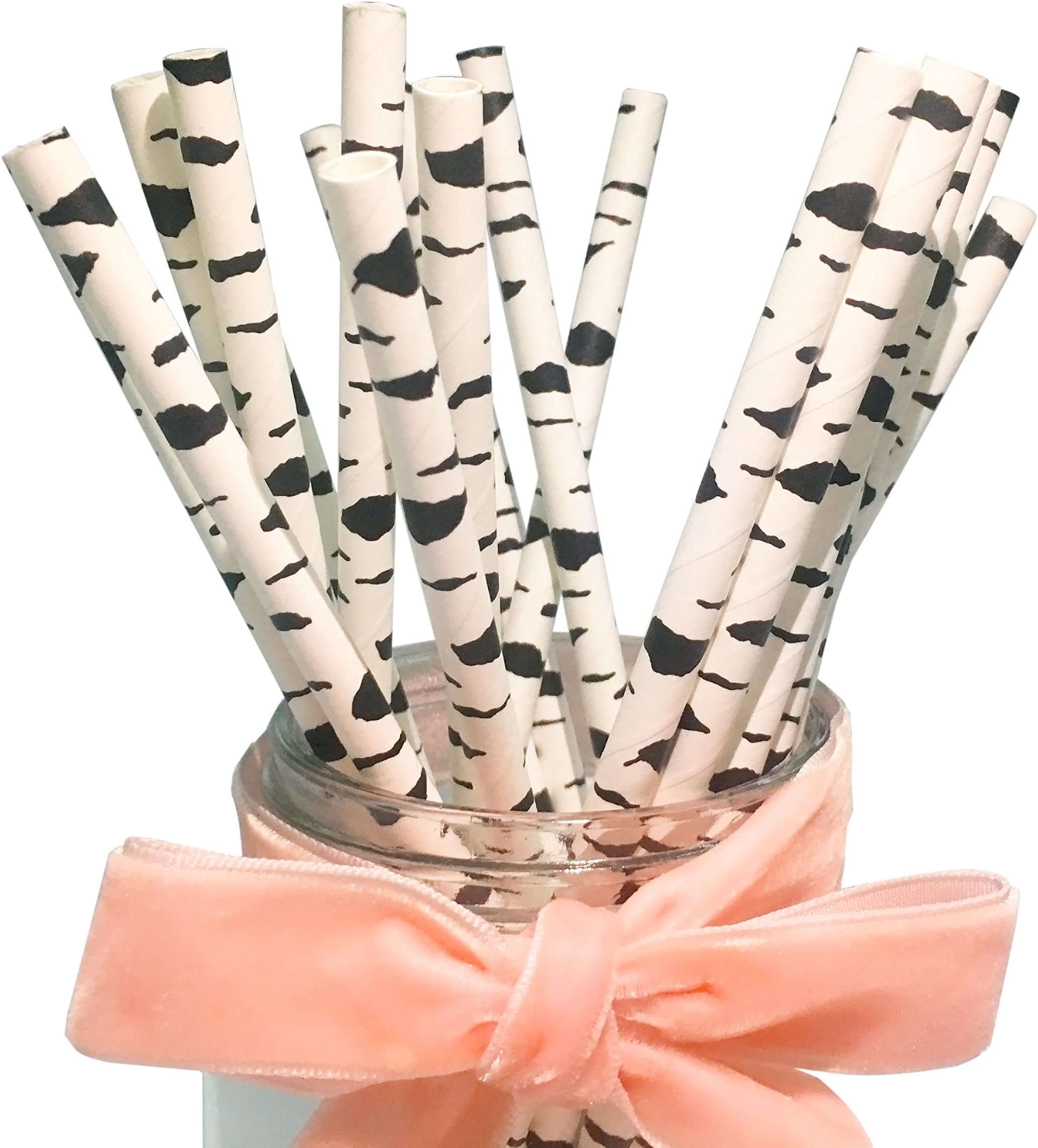 Paper Silver Birch Wood Grain 8'' Paper Straws, Black and White Printing, Great for Jungle Themed Party 100pcs