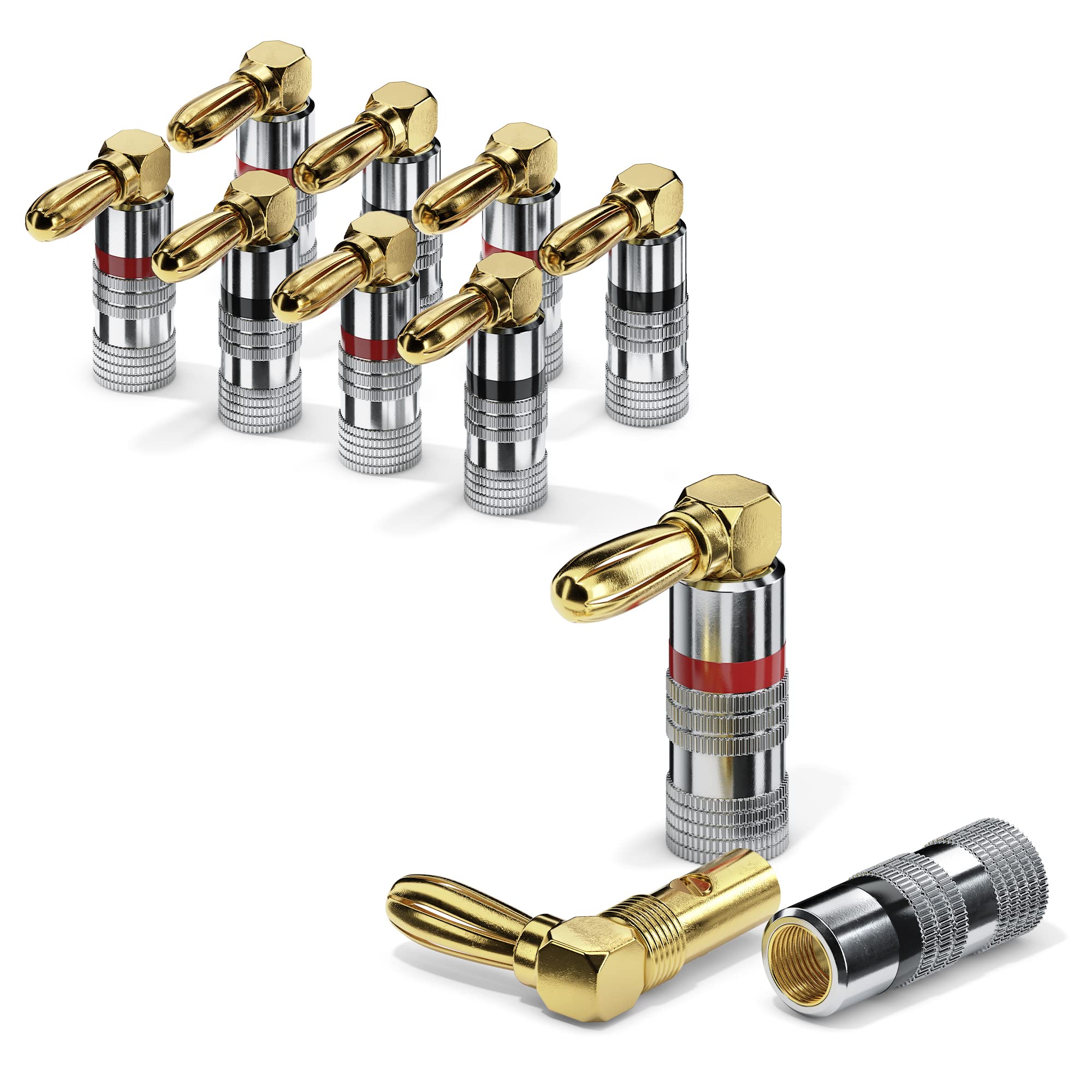 conecto Banana Plugs for Speaker Cable Set of 8 90 Degree Angled Plugs Gold Plated with Color Coded (4x Red, 4x Black) 24K Gold Plated, Red/Black — image 1