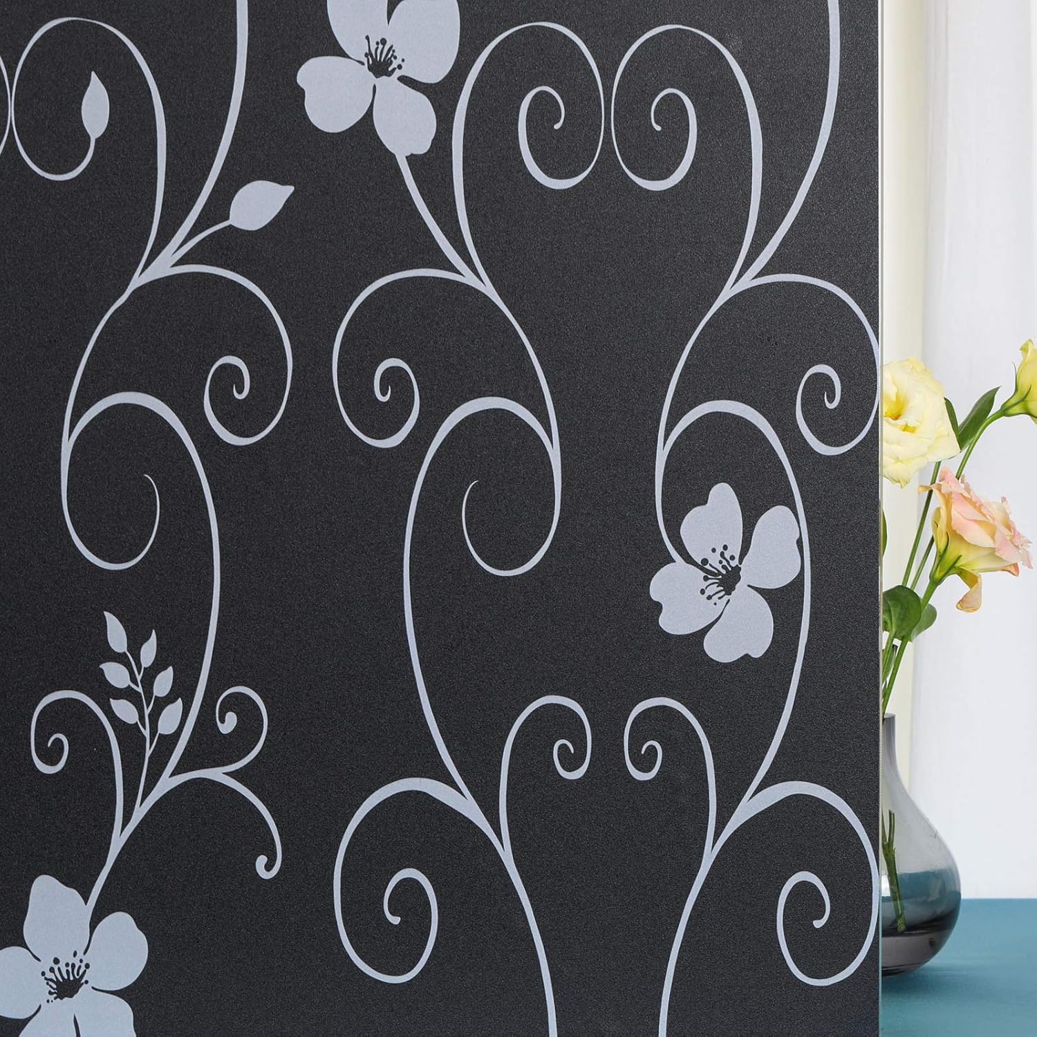 Mikomer Iron Flower Total Blackout Window Film, Light Blocking Glass Door Film,Room Darkening Window Cling,No Glue/Heat Control/Anti UV for Day Sleep & High Privacy,35In. by 78.7In.