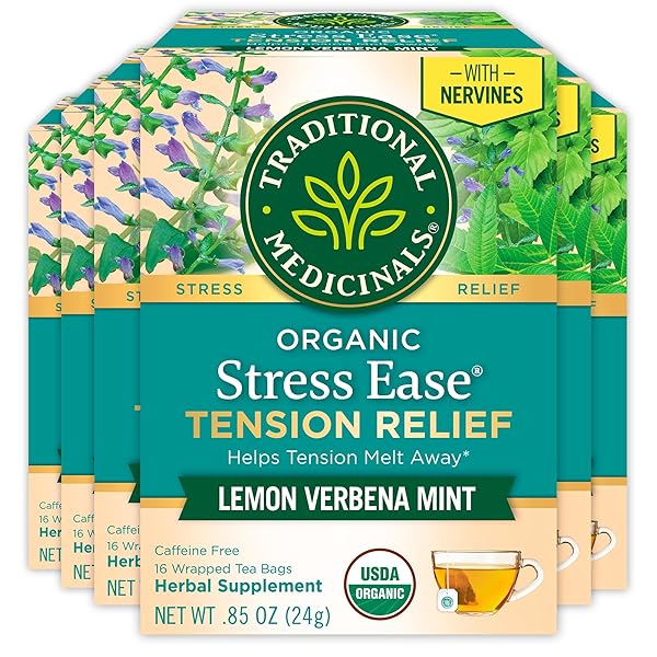 TRADITIONAL MEDICINALS ORGANIC STRESS EASE TENSION RELIEF TEA, LEMON VERBENA MINT, 96 COUNT