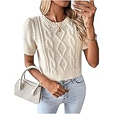 SweatyRocks Women's Crewneck Short Sleeve Crop Sweater Cable Knit Pullover Tops