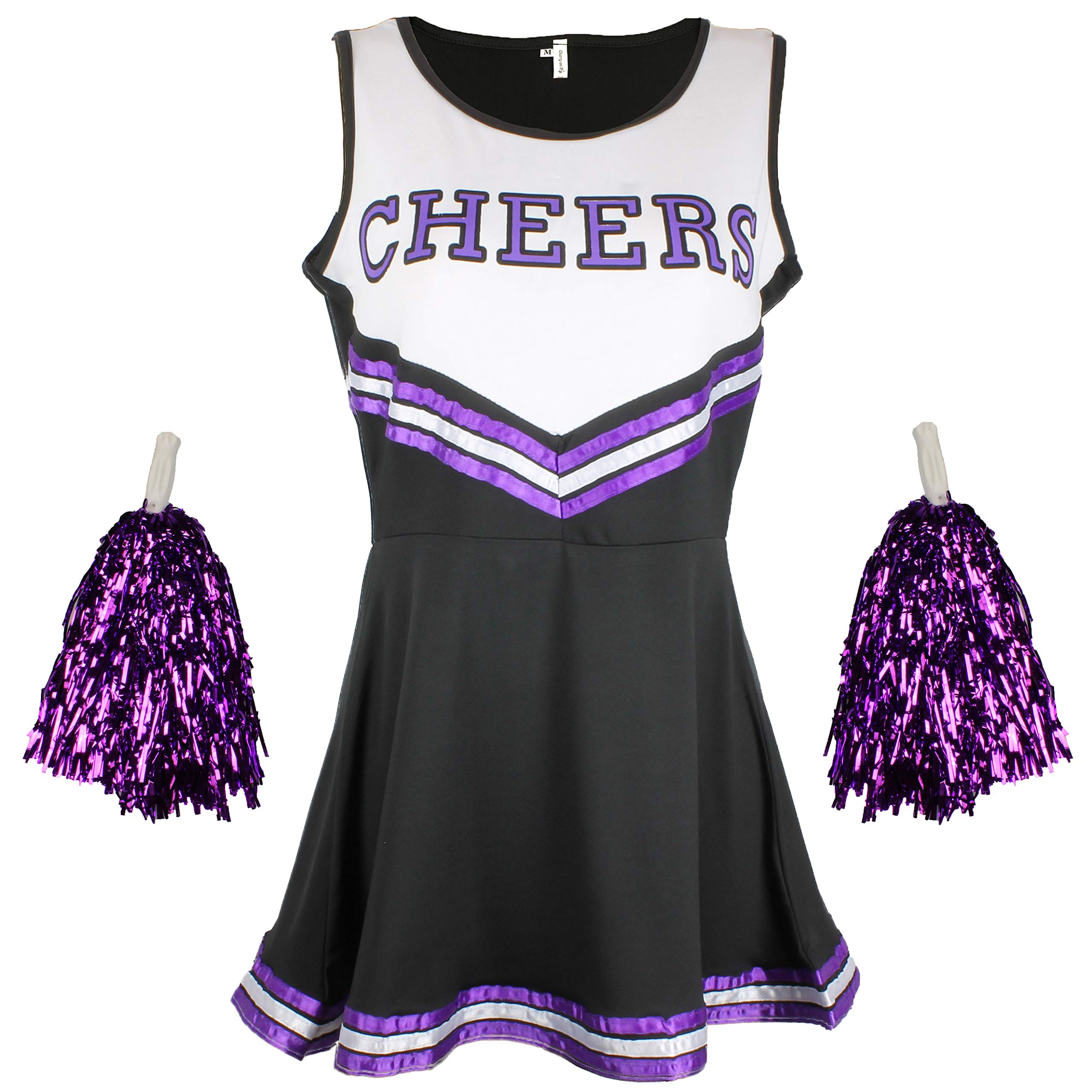 Cherry-on-Top Cheerleader Fancy Dress Outfit Uniform High School Costume With Pom Poms Black And Purple Cheerleader, Extra Large
