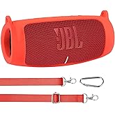 for JBL Charge 5 Waterproof Bluetooth Speaker Silicone Cover Case, Portable Silicone Travel Case with Carabiner, Protective Skin Case (Red Case) - co2CREA
