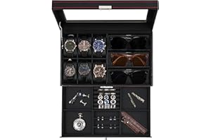 Jenseits Watch Box for Mens Jewelry Box, 6 Slot Watch Case & 3 Slot Sunglasses Organizer, Lockable PU Leather Jewelry Organizer Watch Display Storage W/Drawer For Rings Bracelets, Gift for Men Women