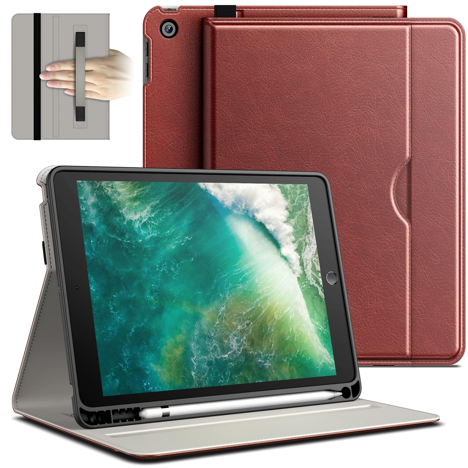 JETech Case for iPad 6/5 (9.7-Inch, 2018/2017 Model, 6th/5th Generation), PU Leather Business Folio Protective Tablet Cover with Pencil Holder & Pocket, Multi-Angle Viewing (Brown)