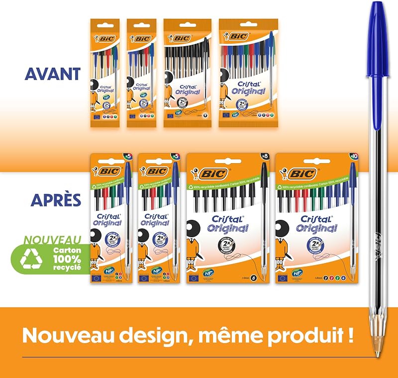 Cristal Original Stylos-Bille Pointe Moyenne (1,0 mm) avec Capuchons et Embouts Assortis - Couleurs Assorties, Pochette Format Spécial de 20