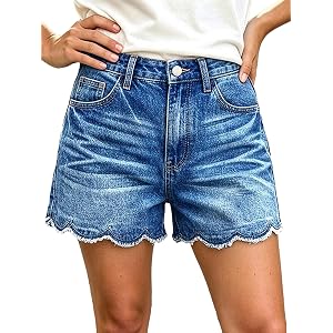 Flamingals Mid Rise Denim Mid Thigh Wash Scallop Trim Shorts for Women | Raw Hem Casual Summer Jean Shorts with Pockets, Jean