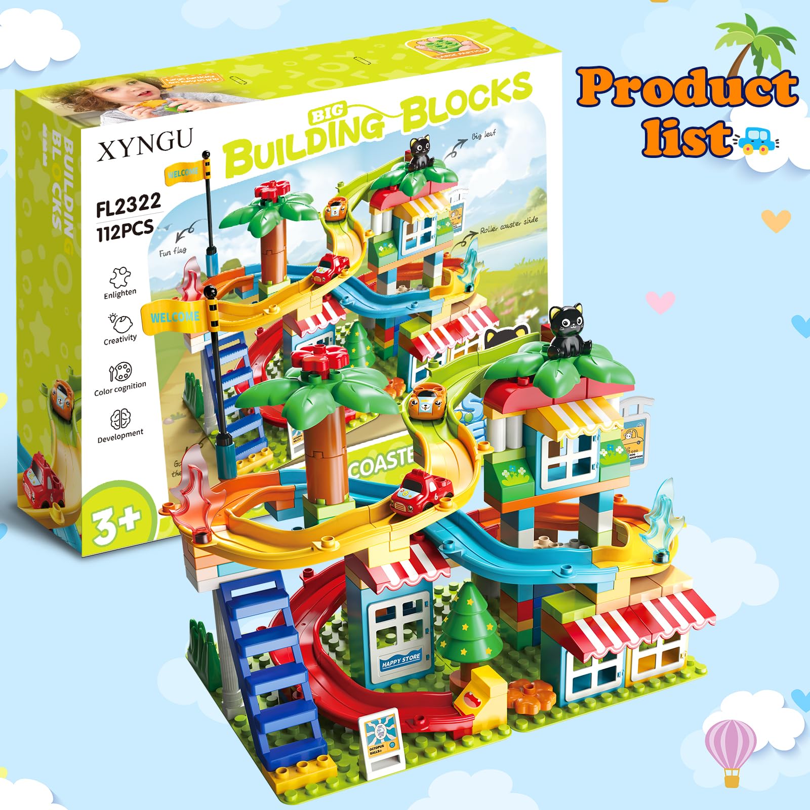 Marble Run Building Blocks,Classic Large Blocks Maze Track Sets with 4 Cars,STEM Toy Bricks Maze Puzzle Set Race Track Compatible with Major Brands for Age 3 4 5 6 7 8+ Boys Girls Gift