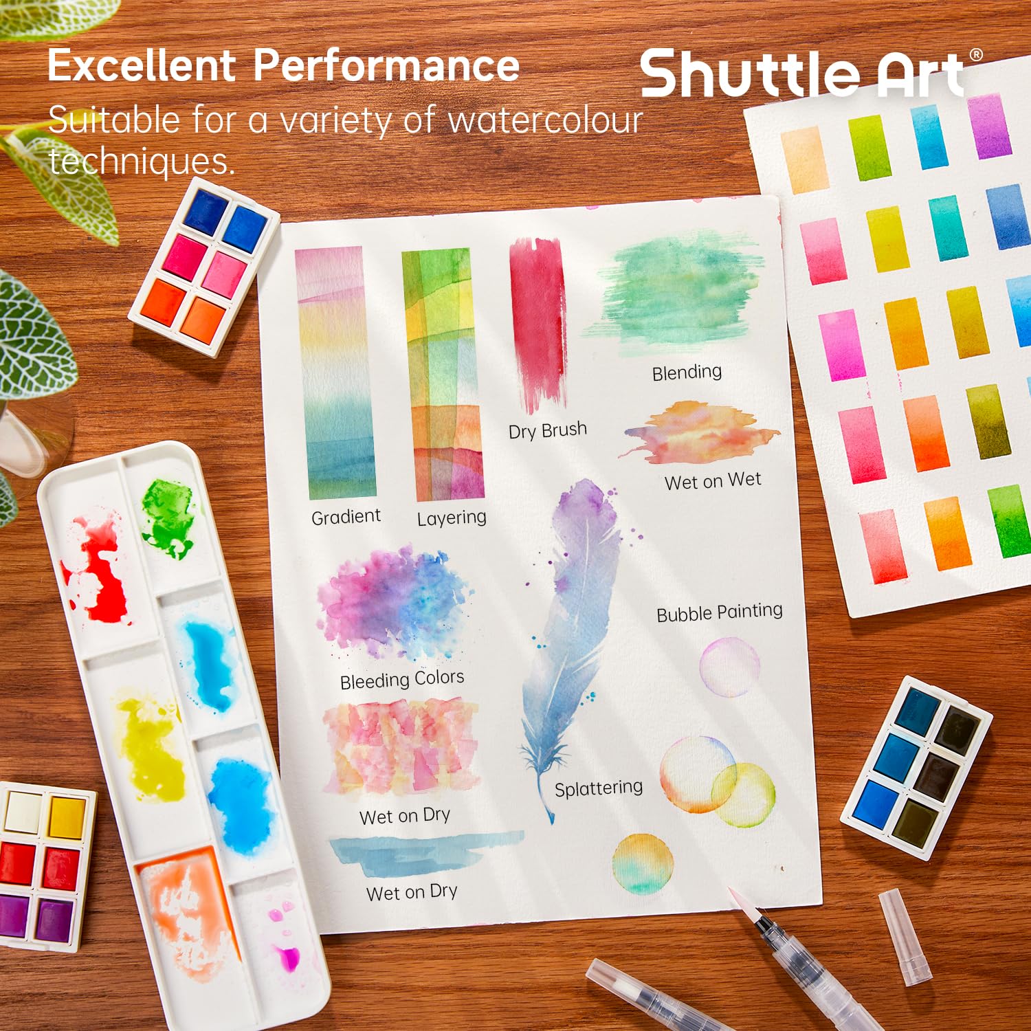 Watercolor Paint Set, Shuttle Art 48 Colors Watercolor Paint in Half Pans with 2 Water Brush Pens, 10 Paint Brushes, 1 Watercolor Pad, 1 Palette, 2 Color Charts, Watercolor Kit for KidsAdults, Artists