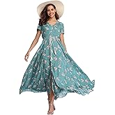 Ferrendo Women's Floral Maxi Dress Button Up Split Flowy Bohemian Party Beach Dresses