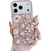 iFiLOVE for iPhone 17 Pro Bling Diamond Case, 3D Luxury Sparkle Glitter Crystal Rhinestone Butterfly Flower Pendant Charm Case Cover for Girls Women Kids (Pink)