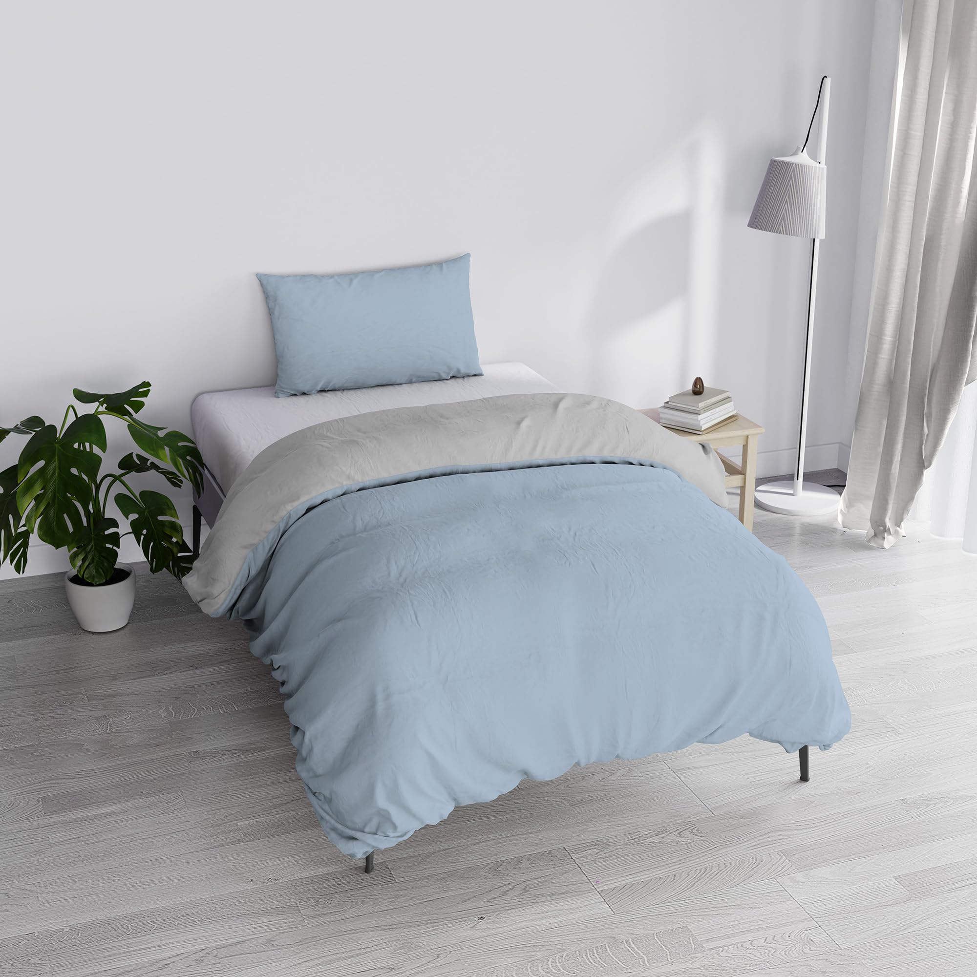 Italian Bed Linen Duvet Cover Set “Natural Doubleface Solid Colour Bag Sheet and Pillowcase, Cotton, Light Blue/Light Gray, Small Double
