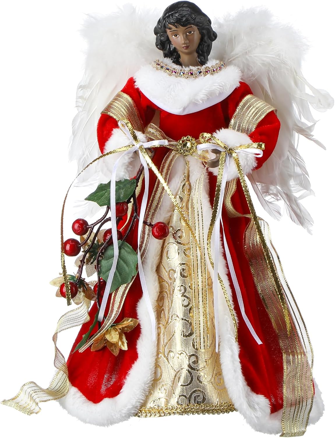 Tree Toppers - Retrowavy 12 Inch Black Angel Christmas Tree Topper Standing Red Floral African American Black Angel Figurines Treetop for Christmas Decoration Unlit
