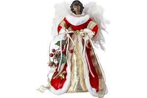 Retrowavy 12 Inch Black Angel Christmas Tree Topper Standing African American Black Angel Figurines Treetop for Decoration (Red,Stylish Style)