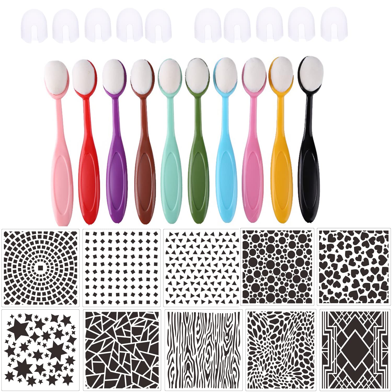 10Pcs Ink Blending Brushes Set Tool Blender Crafter Paper Crafting Background Ink Blending Brushes with 6Pcs DIY Card Making Plastic Stencils Set forCard Making for Painting,Drawing(Brush Head0.8'')