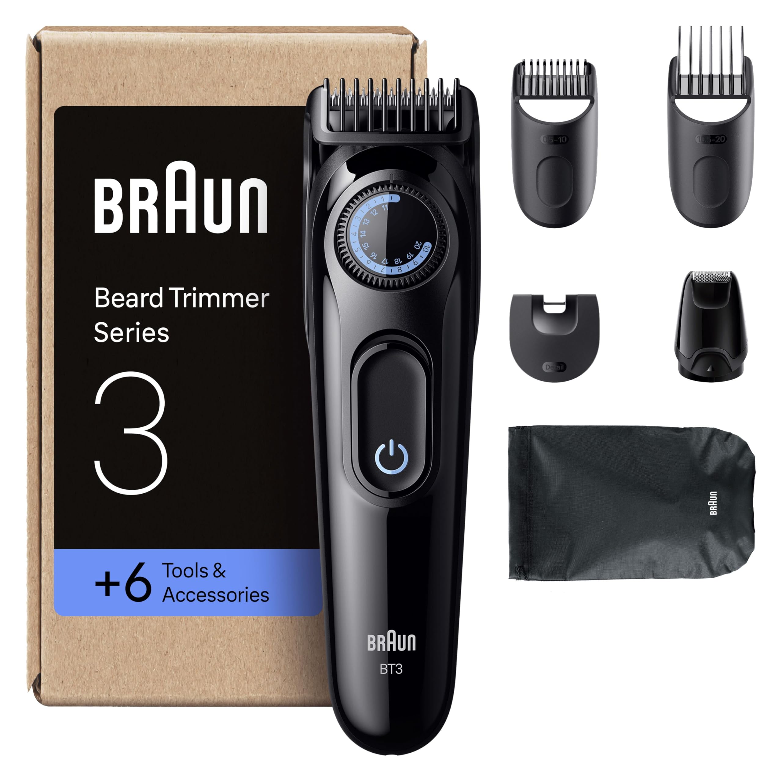 Braun Regolabarba Uomo Series 3, +6 Strumenti Di Styling, Lama Ultra Affilata, 50 Min Di Utilizzo, 40 Lunghezze, Rasoio Elettrico Barba, BT3565, Nero/Blu