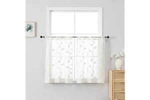 OVZME White Sheer Curtains 36 Inch Length 2 Panels, Embroidered Leaf Patterned Semi Sheer Linen Short Kitchen Curtains for Ha