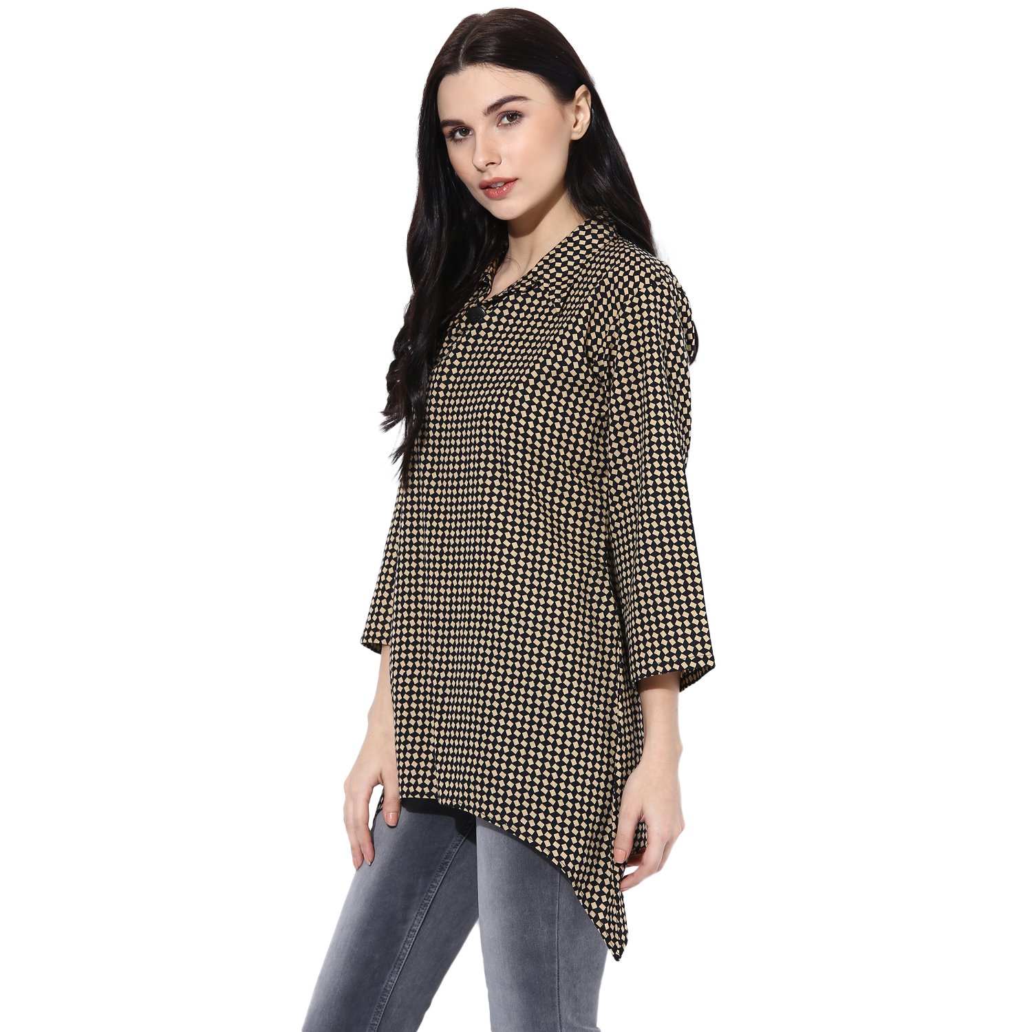 wabii women's beige cotton checked top