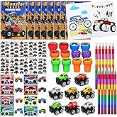 Cinrobiye 72 Pcs Monster Truck Party Favors Bulk, Truck Car Coloring Books with Crayons Stickers Stampers Goodie Bag Fillers, Race Car Birthday Supplies, Wheels Party Pinata Gifts