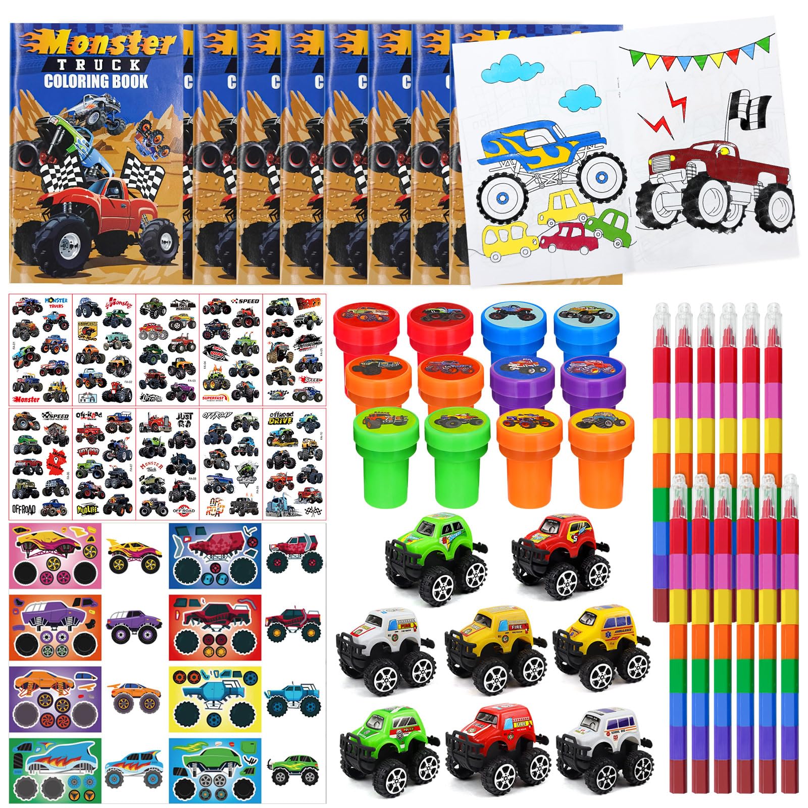 Photo 1 of Cinrobiye 144 Pcs Monster Truck Coloring Book with Crayons Bulk?Truck Car Party Favors Goodie Bags Fillers?Car Birthday Party Supplies Face Stickers Tattoo Prizes Gift for Monster Truck Party