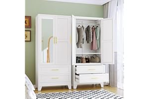 RISTERN RIETERN Metal Armoire Wardrobe Closet, 71" Tall Bedroom Closet with Mirror, 2 Drawers, Adjustable Shelves, and Hanging Rod, Steel Clothes Closets and Storage, for Bedroom White