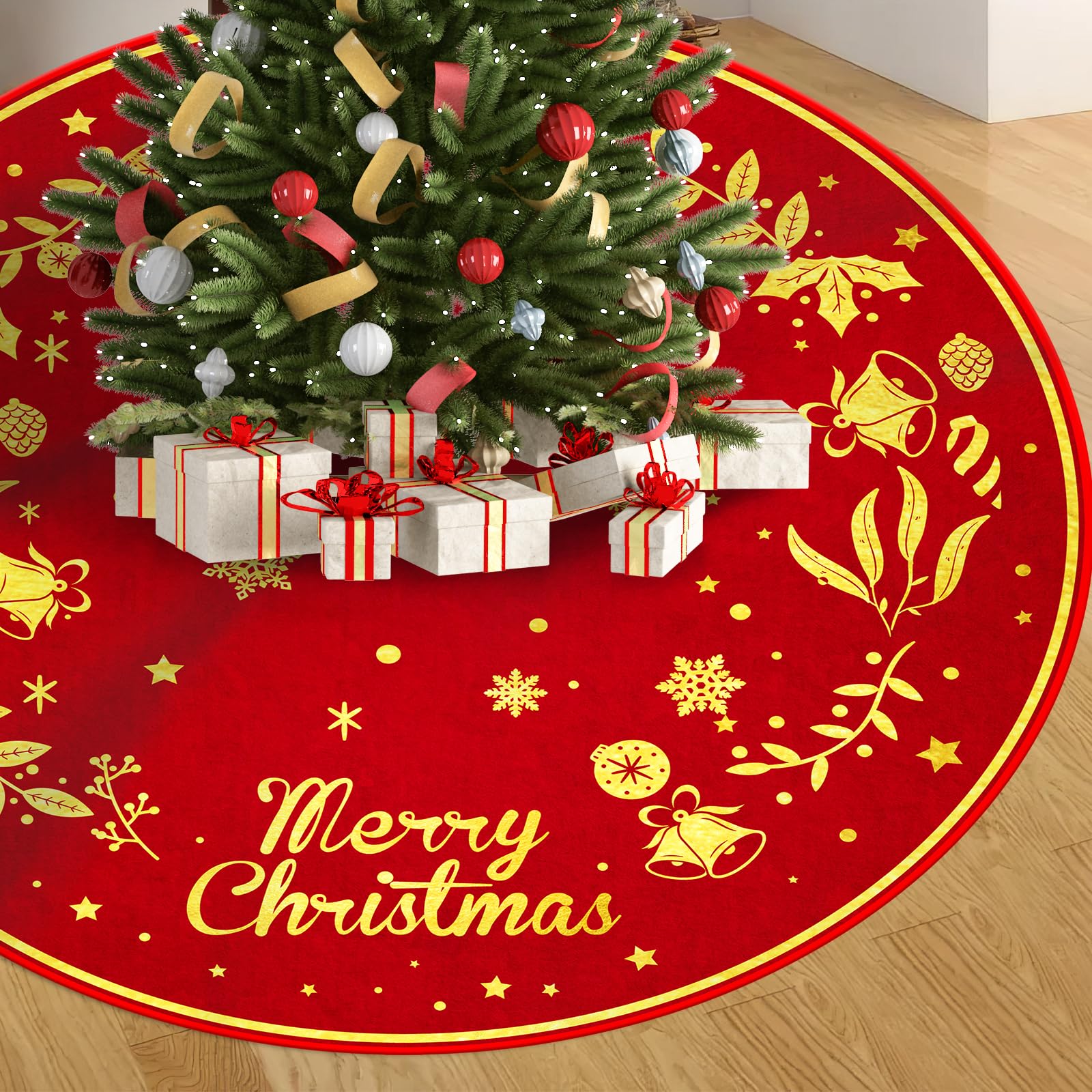 Merry Christmas Tree Skirt,48 inches Xmas Tree Decorations Red Gold Christmas Tree Mat Large Christmas Base Covers for New Year Party Decorations Indoor Outdoor Holiday Decor