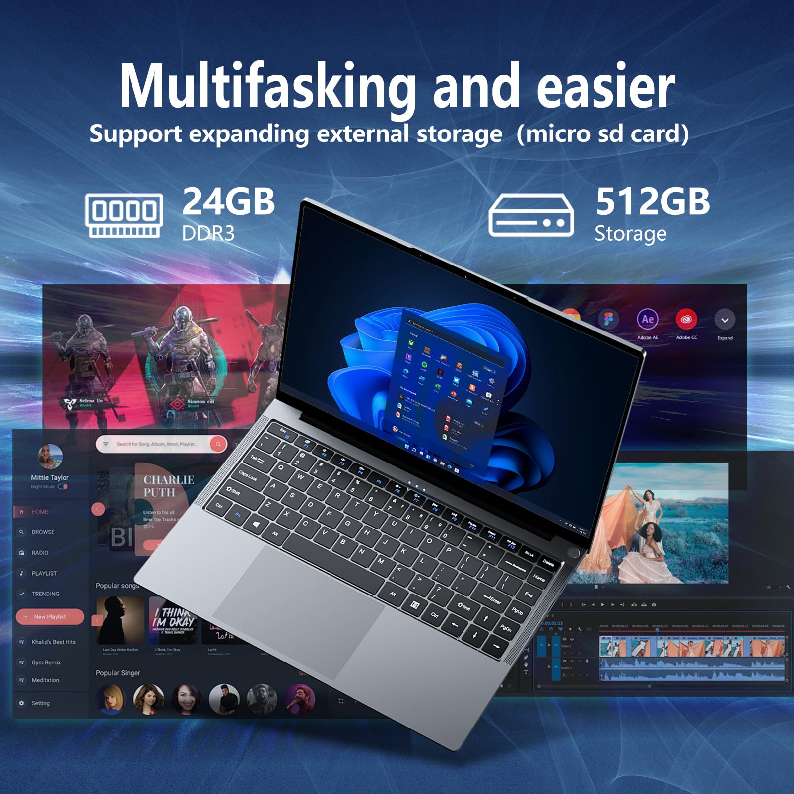 Laptop-Core i5, Gaming-Laptop Up to 3.60GHZ, Computer Laptops for 24GB RAM 512GB SSD, Business Laptop Full HD 1920X1200 Display 180 Angle Opening WIFI 5 Win 11 Pro HDMI & USB-A 100W HD Front Camera