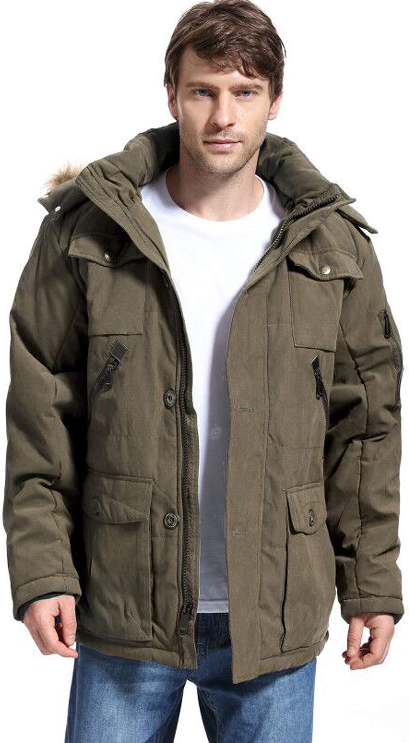 Mens Winter Parka Insulated Warm Jacket Military Coat Faux Fur with Pockets and Detachable Fur Hood