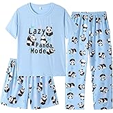Hupohoi Kids Girls Pajama Sets Summer Short Sleeve With Shorts And Pants 3PCS Sleepwear Cute Cartoon Loungewear 6 to 17 Years