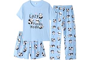 Hupohoi Kids Girls Pajama Sets Summer Short Sleeve With Shorts And Pants 3PCS Sleepwear Cute Cartoon Loungewear 6 to 17 Years