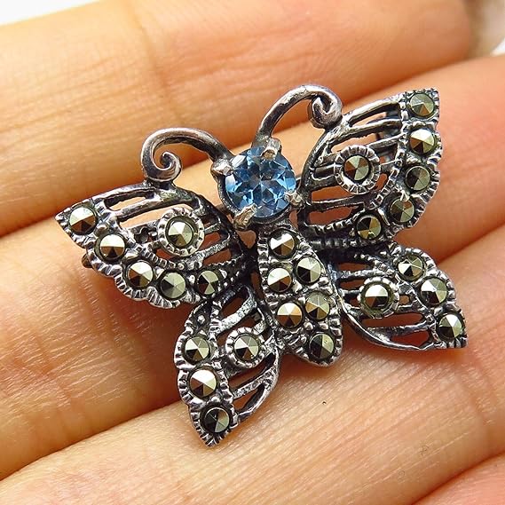 VTG 925 Sterling Silver Real Blue Topaz & Marcasite Gem Pin Brooch LH5421 Arts