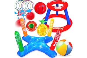 90shine 3 Sets Pool Toys Games for Adults and Family - Floating Basketball Hoop&Inflatable Ring Toss&Beach Ball for Kids Swimming Water Fun Floats Accessories