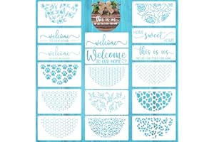RESFLYAR 17 PCS Welcome Stencils for Painting on Wood, Family Doormat Reusable Welcome Letters Templates for Wood Sign, Half Round Plastic Stencils Set for Door Mats Furniture Sign Canvas Wall DIY Crafts