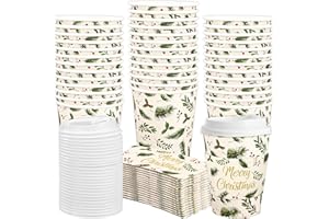 50 Pack Christmas Disposable Coffee Cups 12oz Holly Paper Cup with Lids and Sleeves Winter To Go Coffee Cups Holly Berry Pape