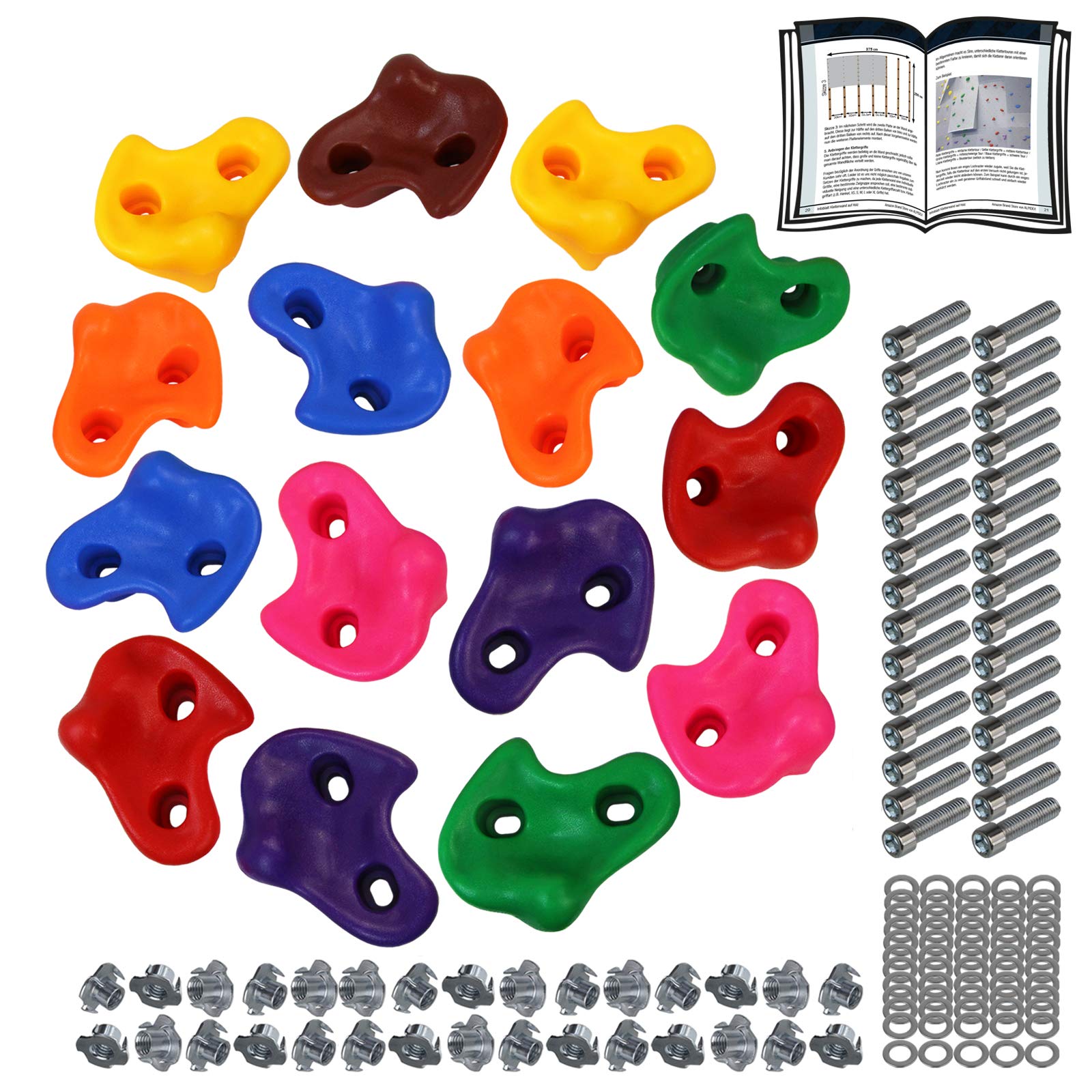 ALPIDEX Children's climbing holds, load capacity up to 200 kg, Mounting material included, different quantities multicolored - 15 pieces
