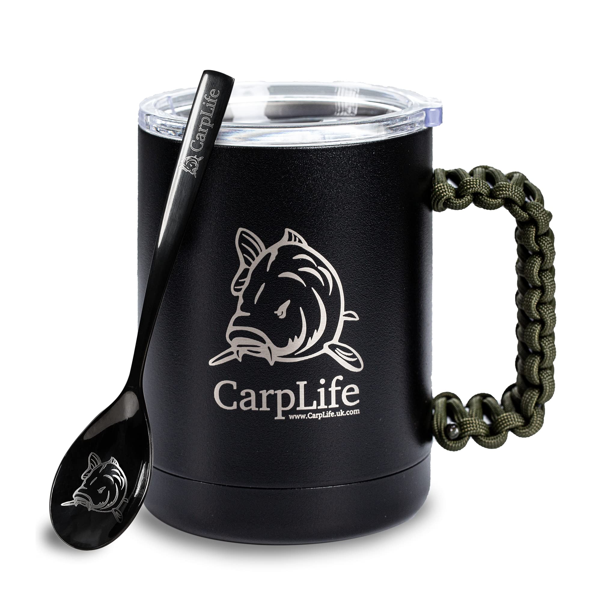 CarpLife Thermal Fishing Mug, Lid & Spoon - Stainless Steel Thermal Mug with Lid and Handle – Insulated Travel Cup, Fishing Cup with Etched Spoon – Portable Coffee Tea Brew Kit for Hot & Cold Drinks