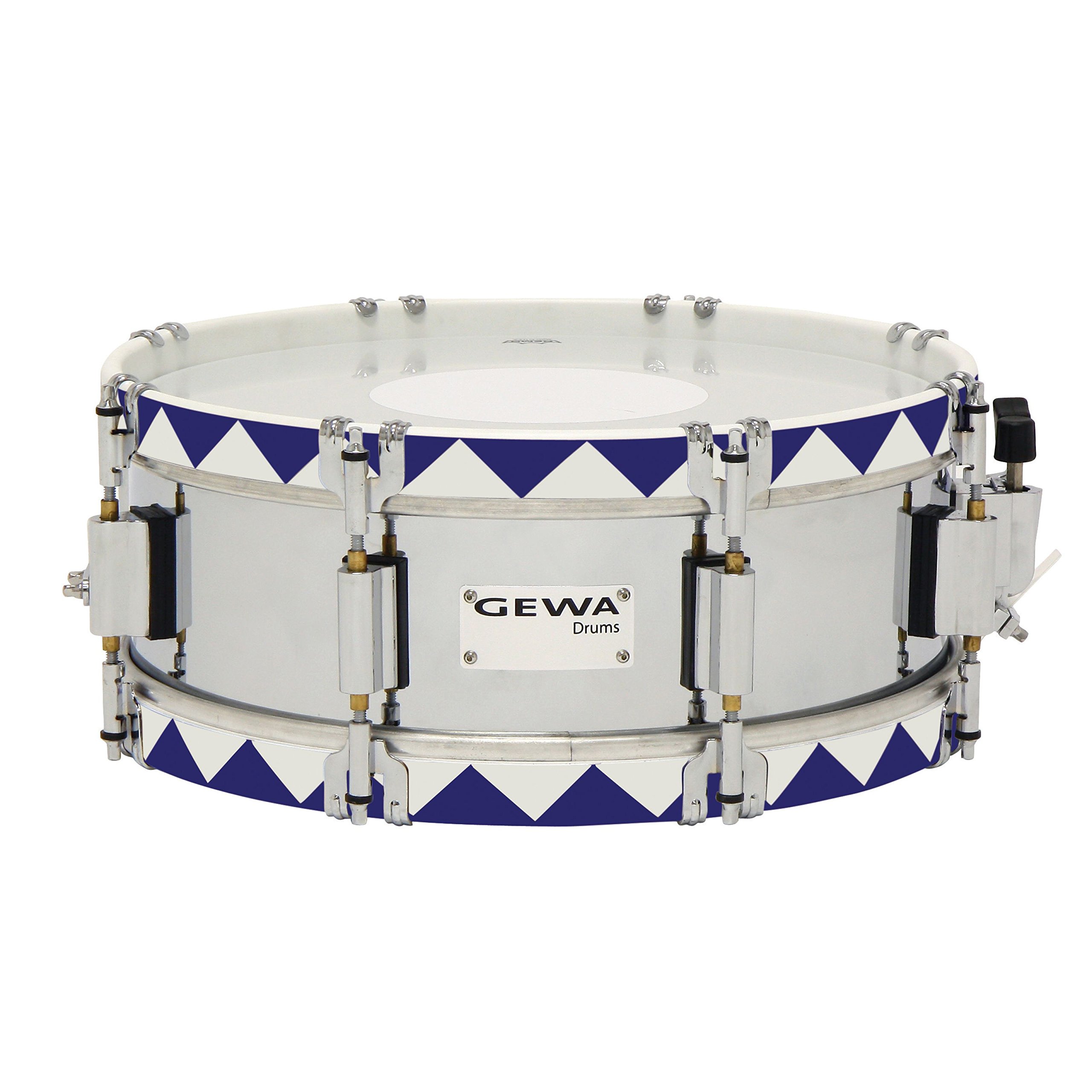 GEWA marching drum small, chrome steel shell with blue historical hoop, 13 x 5", 8 tension rods, Remo USA heads, incl. vent plate and knee rest