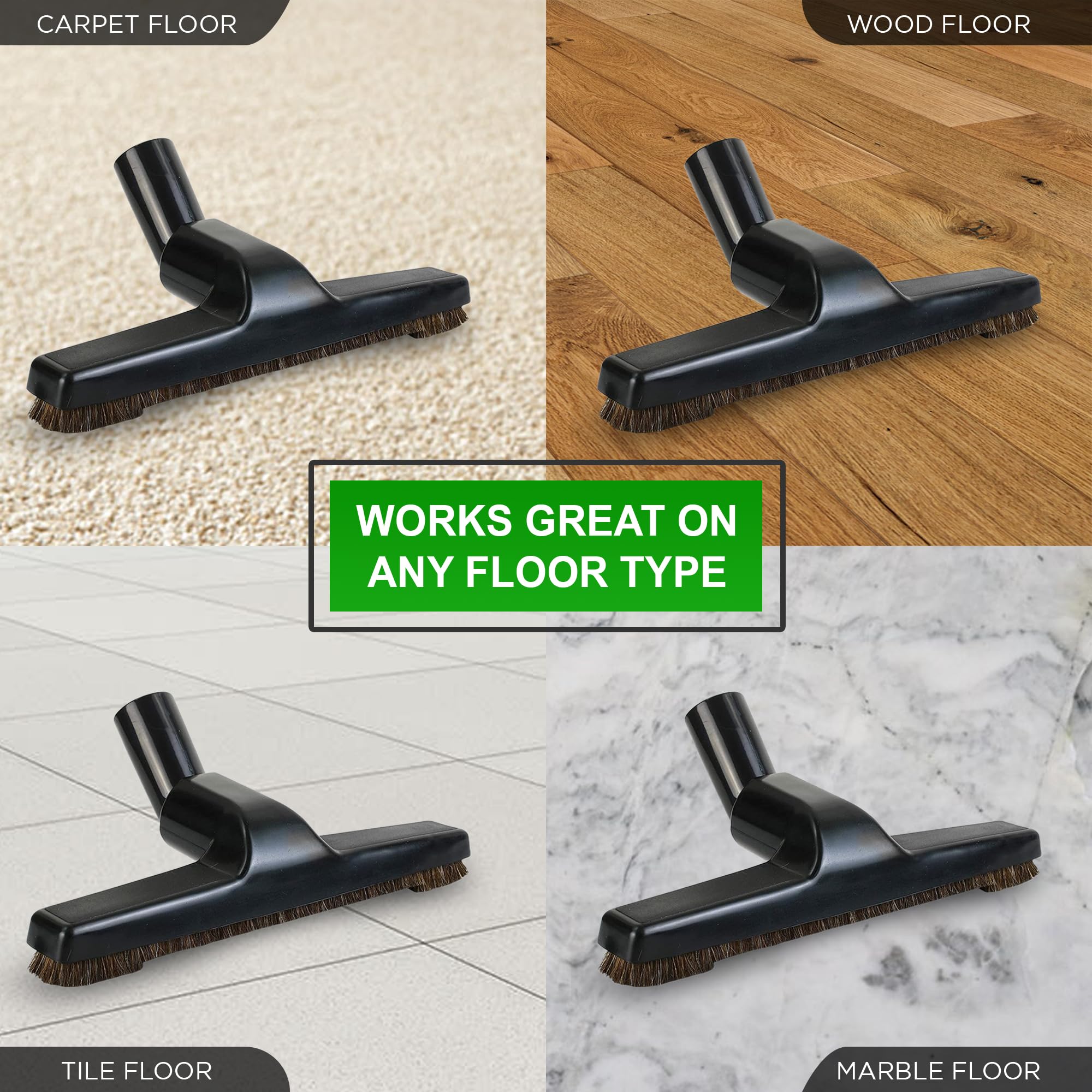 Upgraded Vacuum Floor Brush for Universal Vacuum Cleaners with 1 ¼ inch (1.25'') (32mm) Inner Diameter with Horse Hair Soft Bristles 10” Wide Black (1 Brush Only)