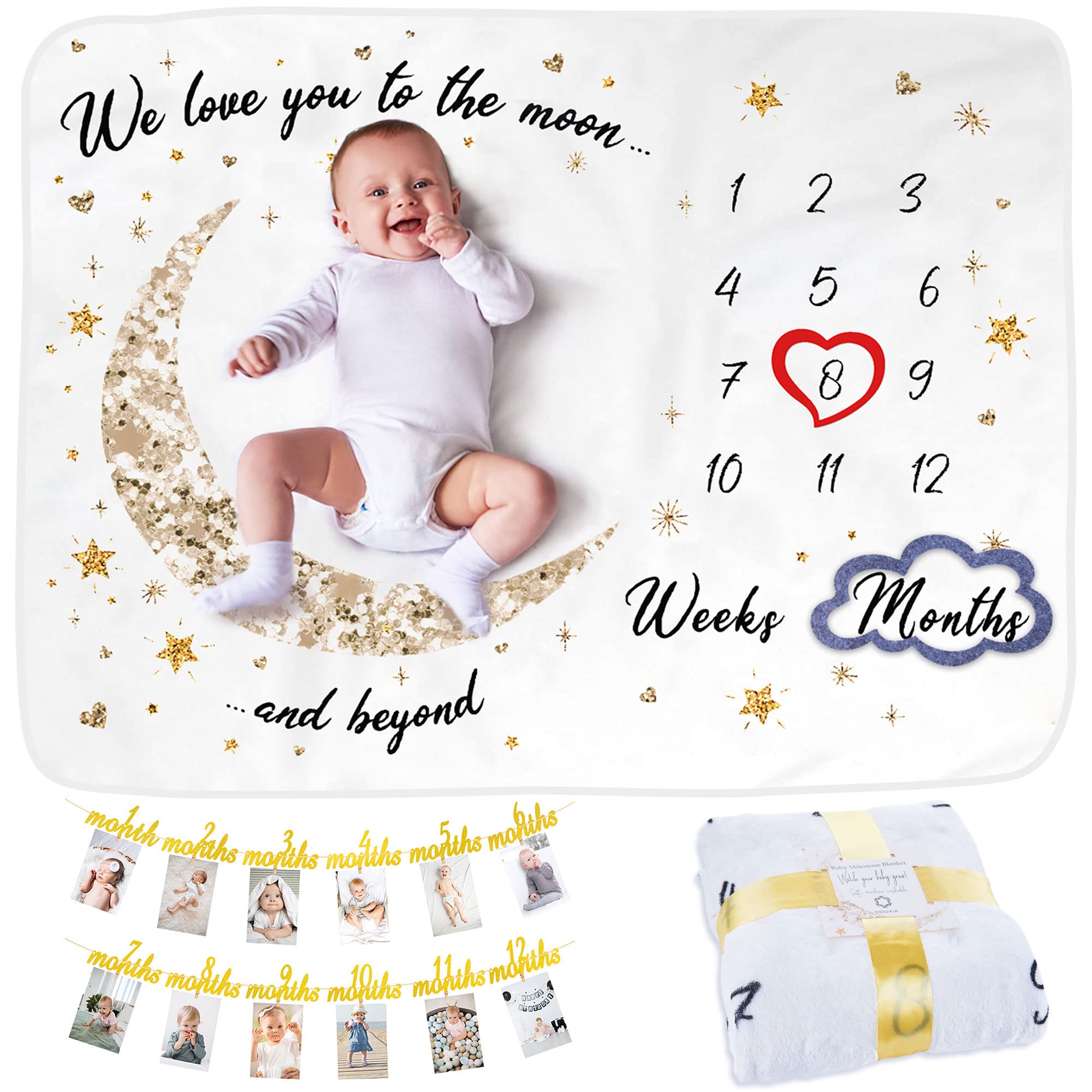 Baby Milestone Blanket With Birthday Photo Banner | Monthly Photo Mat for Boy or Girl, Unisex | Age Mat | Personalised Baby Shower Present for New Mums | Moon & Stars Theme | Includes Year Banner