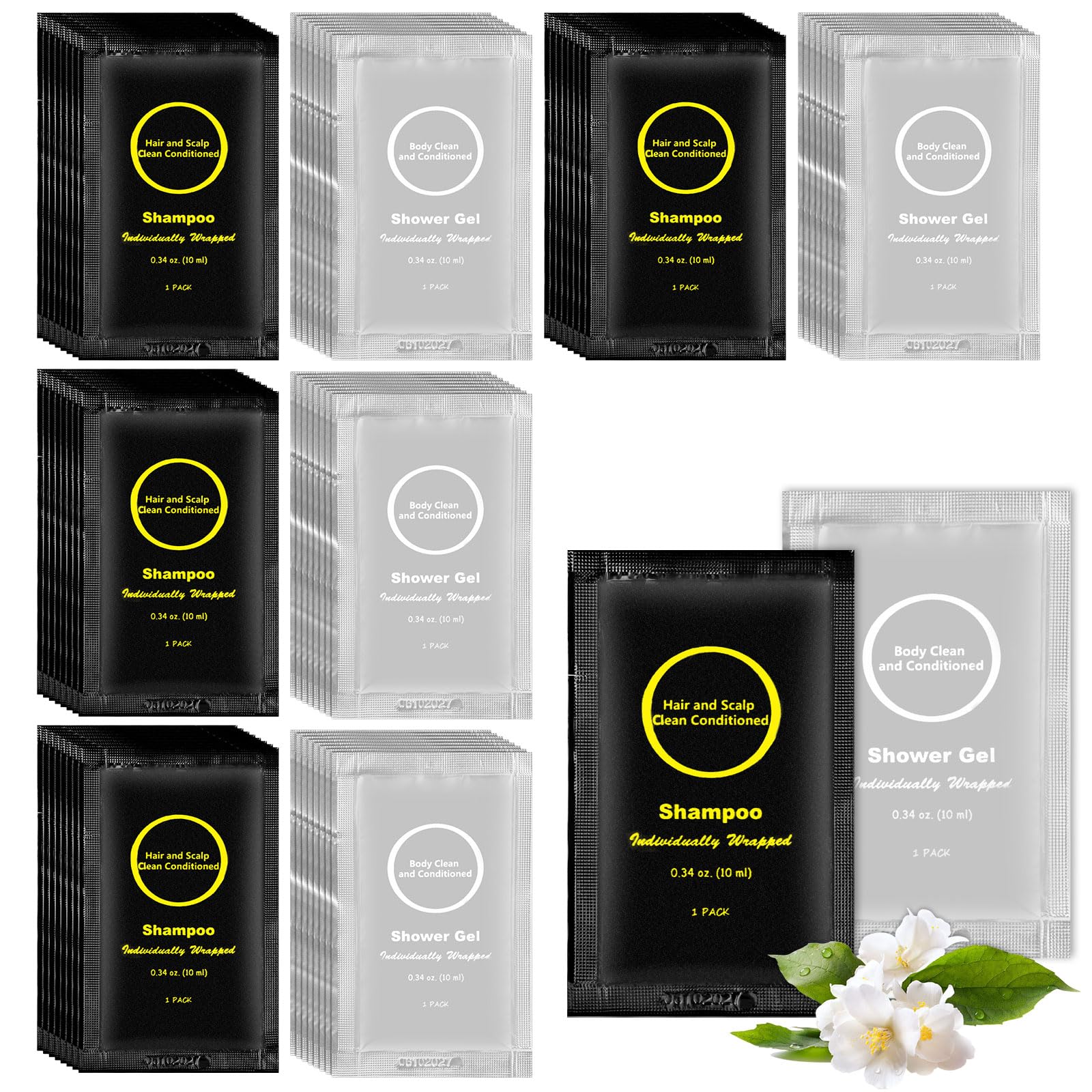 Travel Size Shampoo and Shower Gel Set,Individually Wrapped Toiletry Kit,Mini Body Wash and Shampoo Porable for Travel/Hotel/Guests/Vacation/Homeless (0.34 fl oz(Pack of 100))