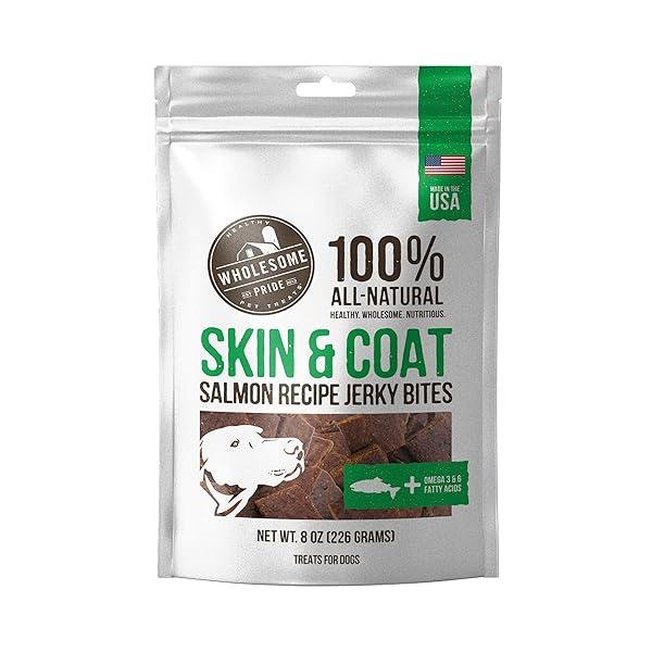 WHOLESOME PRIDE FUNCTIONAL DOG SKIN & COAT SUPPORT SALMON RECIPE JERKY BITES DOG TREATS – 8 OZ